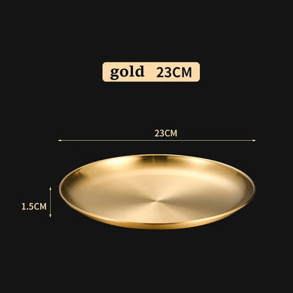 1Pcs Gold Stainless Steels Metal Round Plate Rust-Proof Shallow Tray Plate Camping Plate BBQ Picnic Dishes Cookware Tableware.