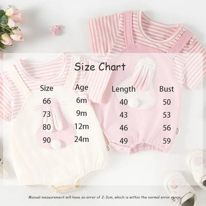 2024 Sommer Baby Mädchen Kleidung niedlichen Hasen falsch zweiteiligen Bodysuit Kleinkind Streifen Patchwork einteilige Kleidung.
