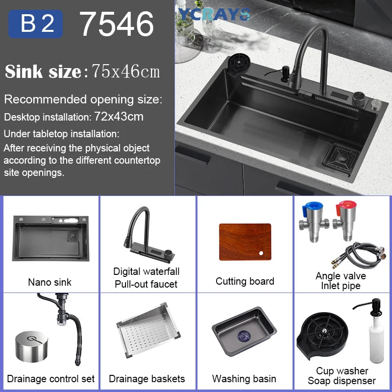 YCRAYS Digital Display Nano Kitchen Sink Large Single Bowl SUS304 Waterfall Faucet Cup Washer Purified Tap Soap Dispenser