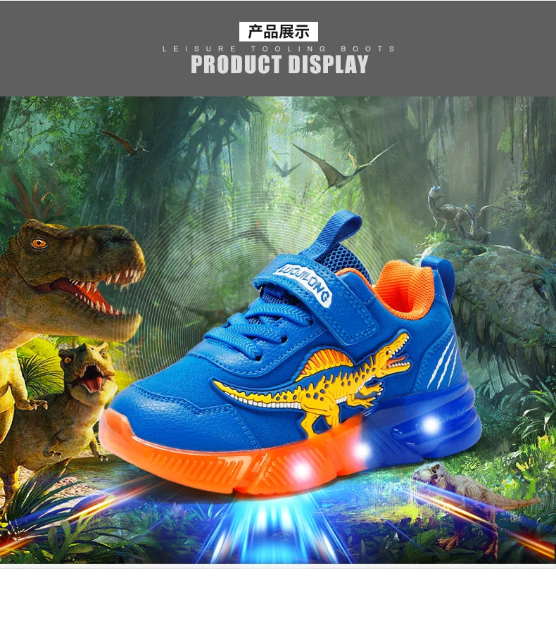 EXDINO Dinosaur Little Kids Spring Autumn LED Light Up Shoes Children Spinosaurus Boys Glowing Casual Sports Sneakers Non-slip.
