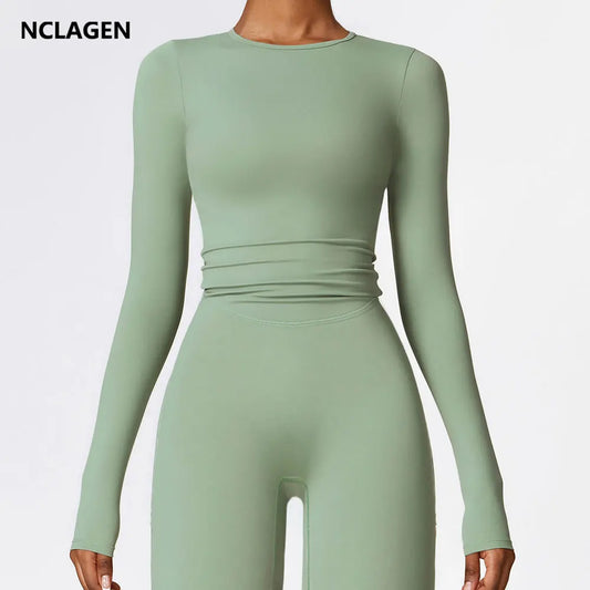 NCLAGEN Yoga Shirts For Women Long Sleeve Winter Fitness Running Gym Clothes Workout Dry Fit Breathable High Elastic Sports Top.