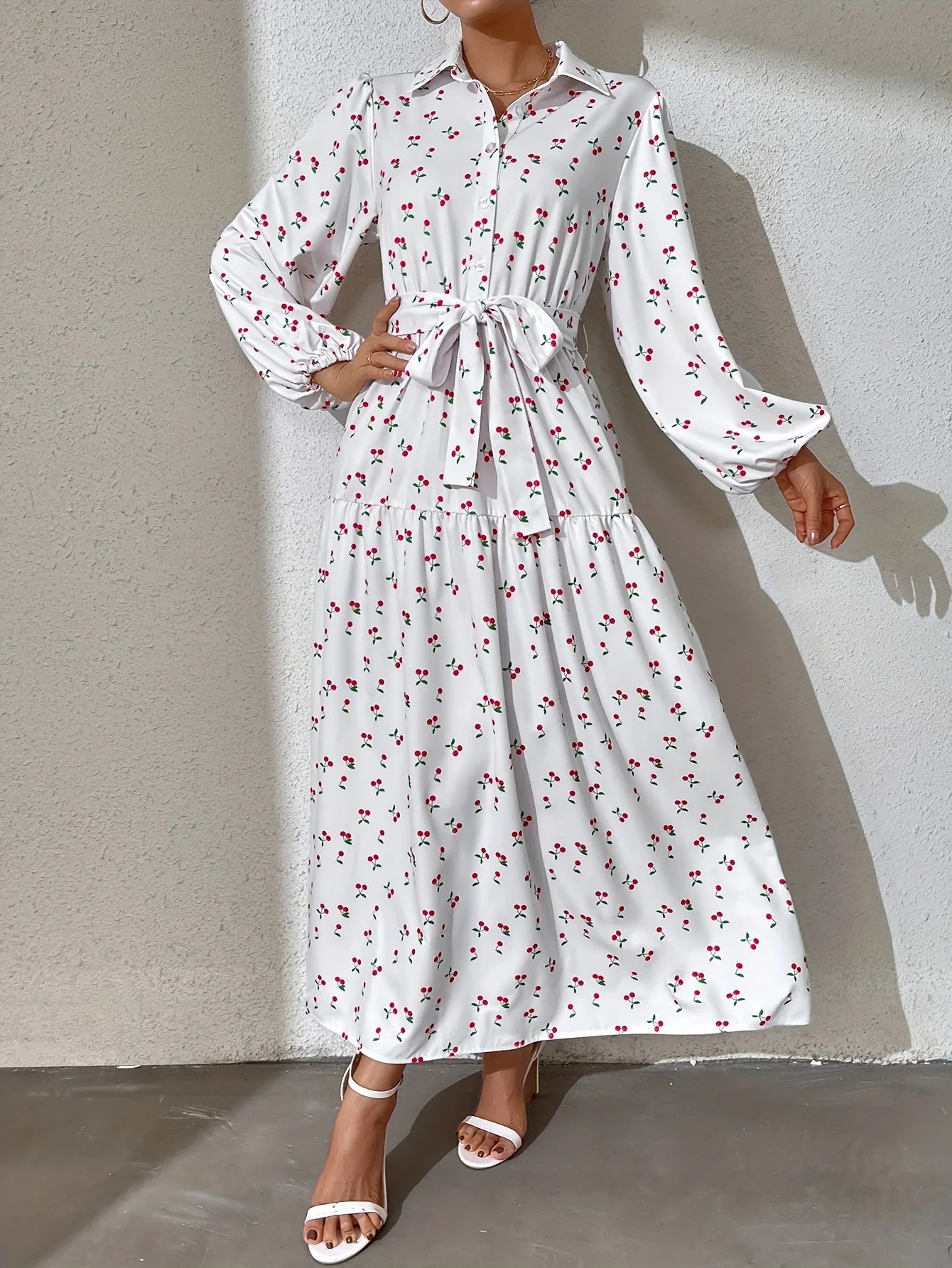 Ramadan Abaya Floral Print Button Front Dress, Casual Lantern Sleeve Dress For Spring & Fall, Women's Clothing Kebaya Kaftan.
