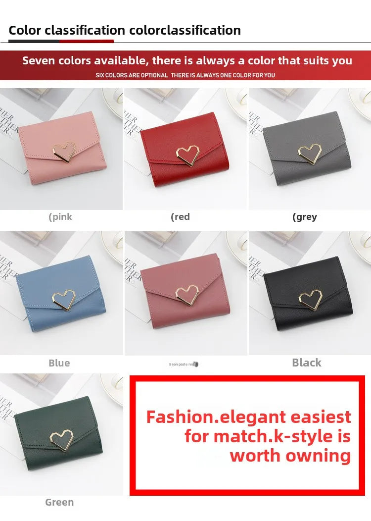 Korean version women wallet short heart-shaped three fold women's wallet multi card slot card bag zero wallet  purses for women.