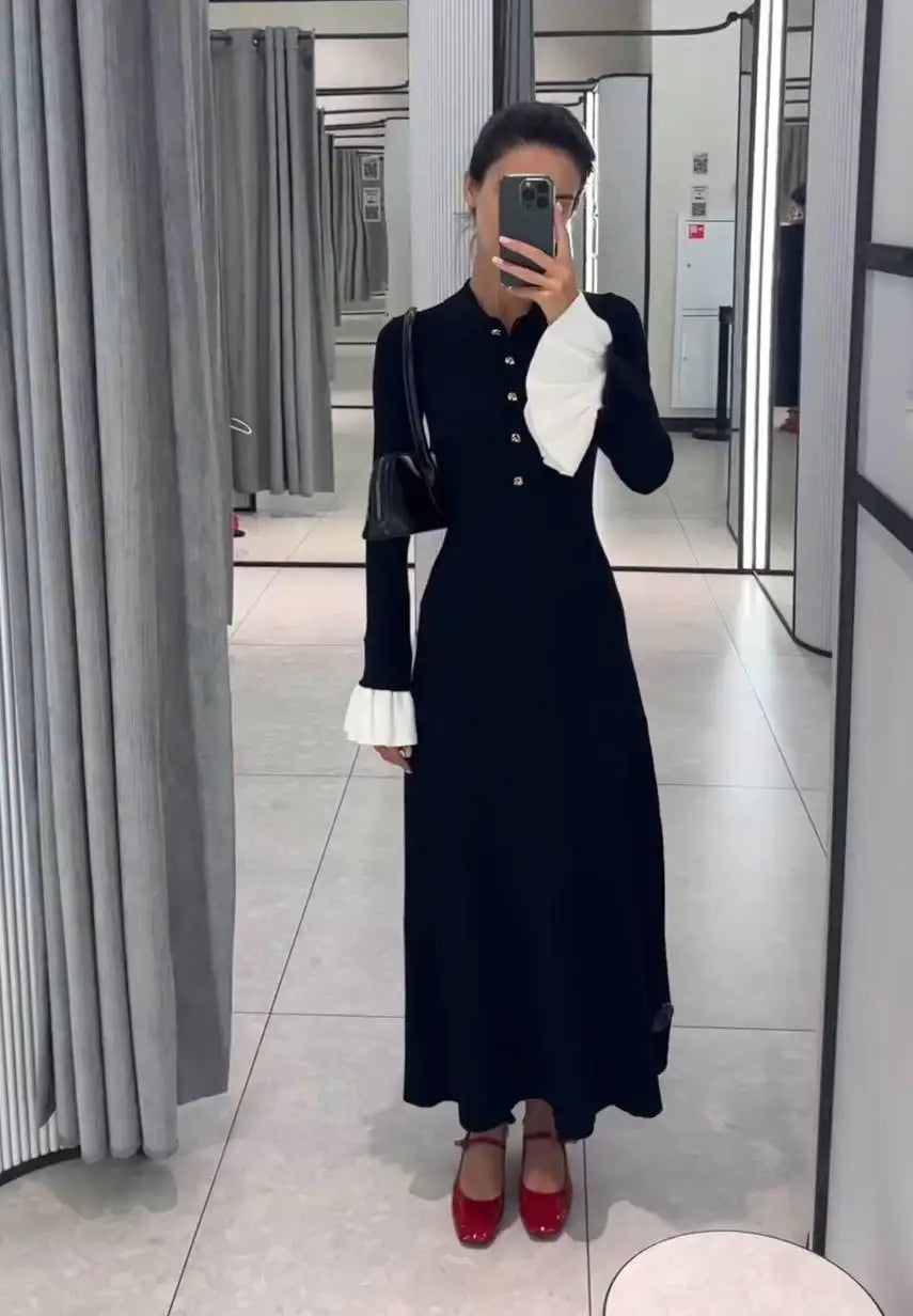 Tossy Weibliche Rüschen Strickwaren Langes Kleid Mode Patchwork Schlank Kontrast Revers Casual Party Kleid Kleid frauen Stricken Maxi Kleid.