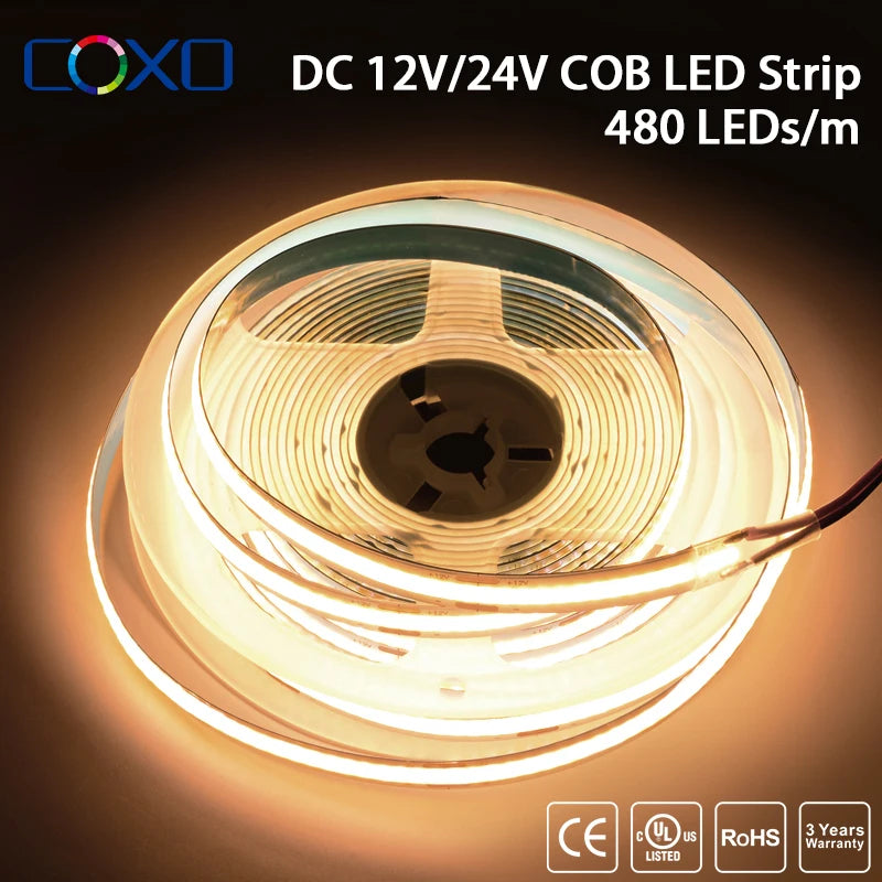 UL-gelistetes COB-LED-Streifenlicht, 320 480 LEDs/m, 16,4 Fuß, flexibles Klebeband mit hoher Dichte, 3000–6500 K, RA90, LED-Leuchten, DC12 V, 24 V.