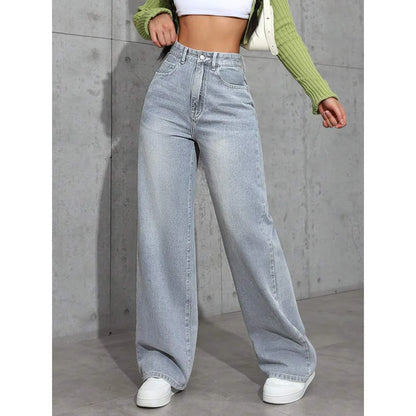 Denim Wide Leg Pants Women Jeans High Waist Straight Trousers Distressed Washed Pockets 2025 Loose Floor Length Streetwear.