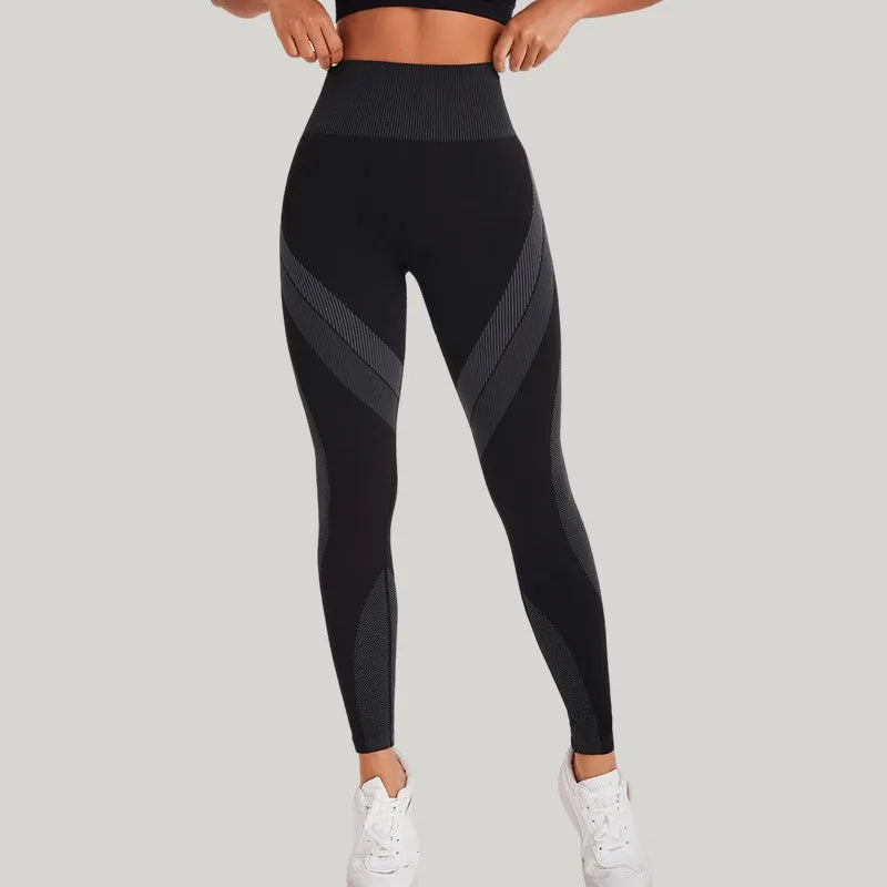 Seamless Breathable High Waisted Contrasting Yoga Pants Women Tight Fitting Hip Lifting Black Long Striped Sports Yoga Leggings.