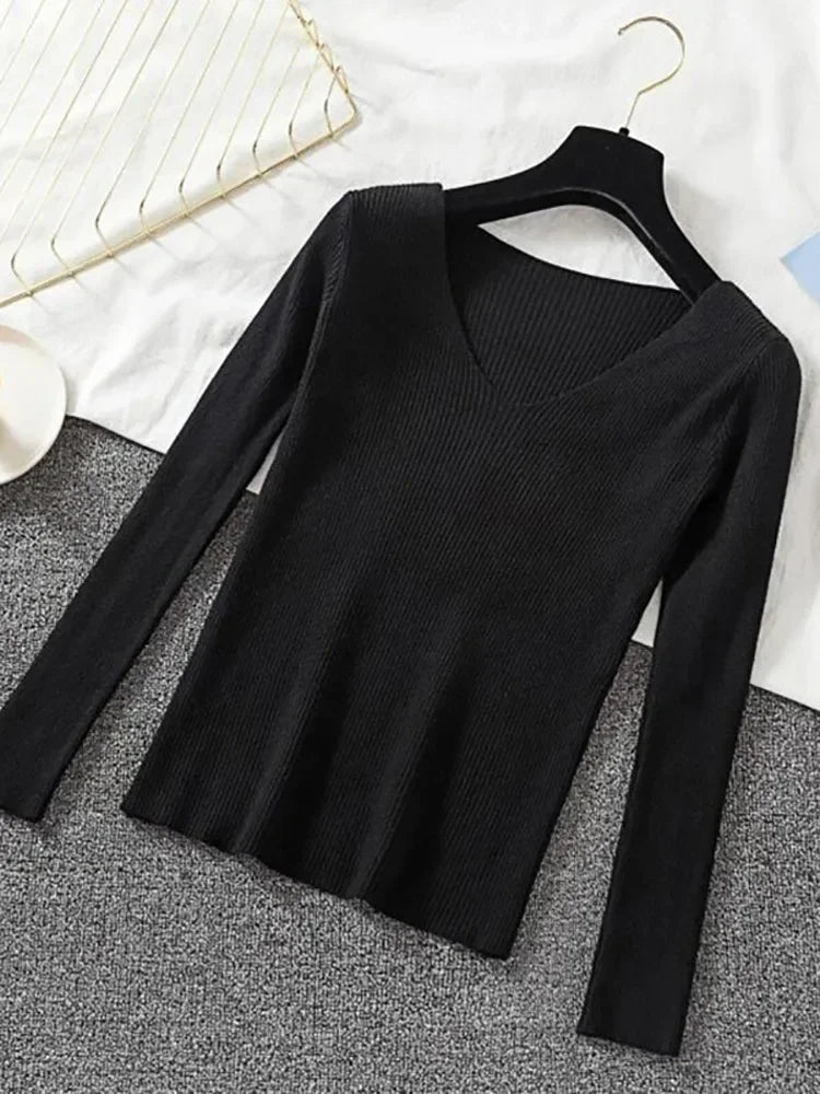 2025 mode V-ausschnitt Elastische Grundlegende Top Neue Frauen Pullover Herbst Winter Langarm Pullover Weibliche Winter Solide Strick Jumper