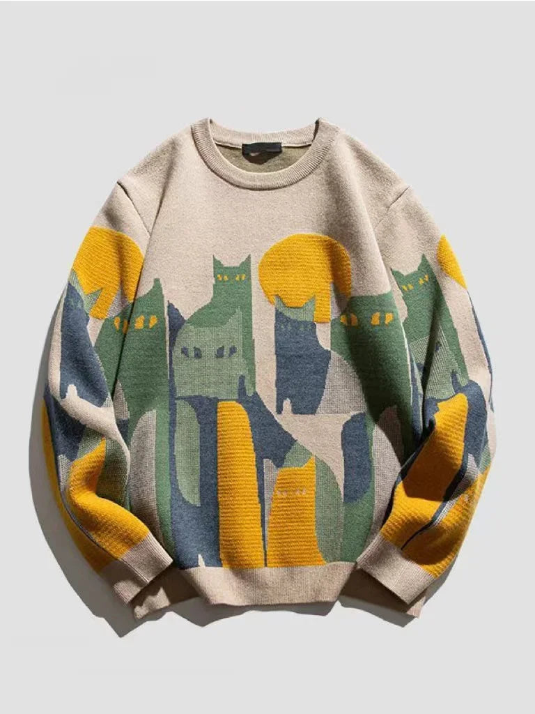 2024 Autumn Knitted Sweater Men Women Winter Harajuku Cartoon Full Cat Print Pullover Vintage Causal Loose Sweaters Streetwear.