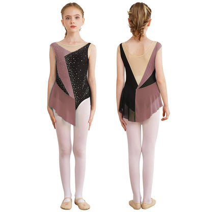 6-16Y Mädchen Ärmelloses Eiskunstlauf Trikot Kleid Ballett Rhythmische Gymnastik Lyrical Dance Body Bühne Leistung Dancewear