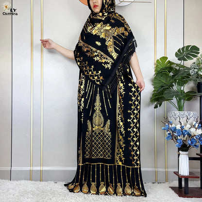2023 New Muslim Summer Short Sleeve Robe Gold Stamping Boubou Maxi Women Femme Loose Dress With Big Scarf African Abaya Clothes.