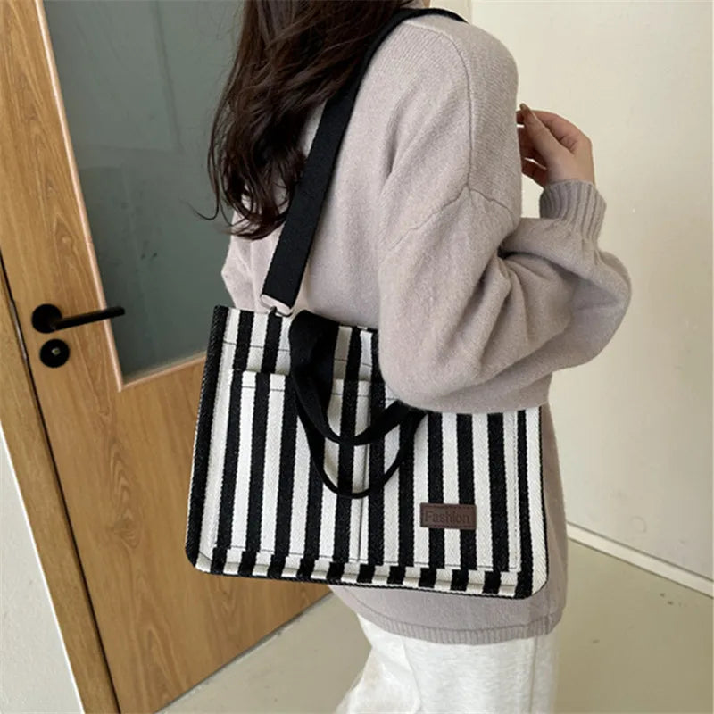 Cool Street Handbag, Large Capacity Women's Shoulder Bag, Trendy Striped Canvas Crossbody Bag, Fashion Travel Shopping Tote Bag.