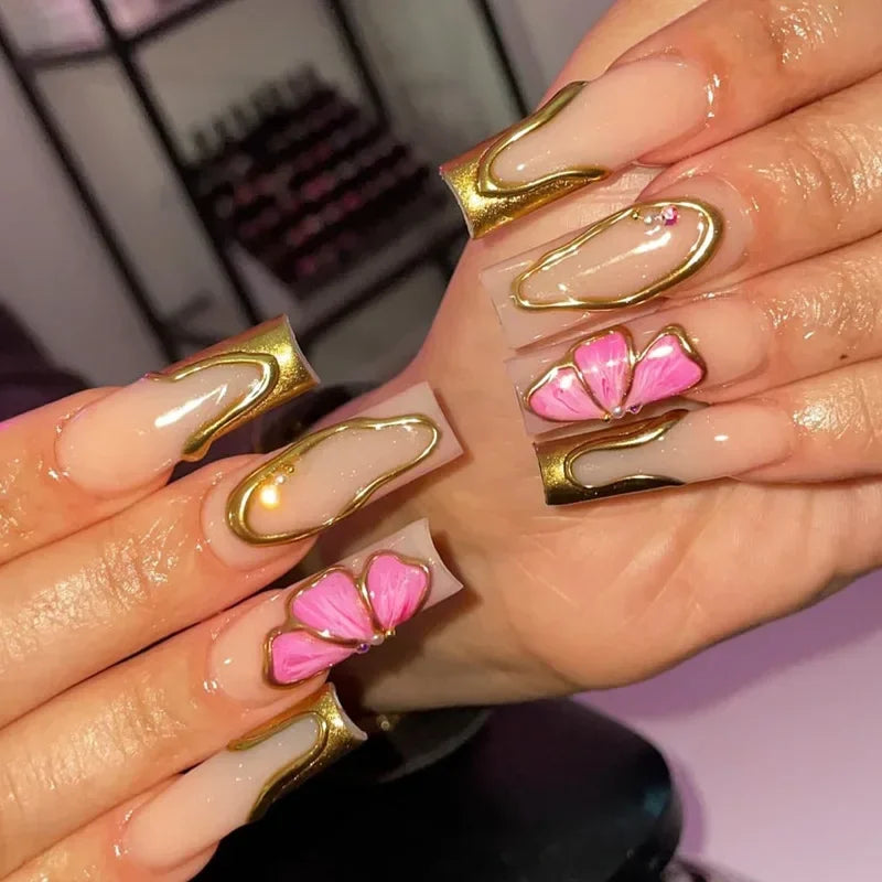 24Pcs 3D Long Ballet False Nails White Coffin Wave with French Design Wearable Fake Nails Gold Line Full Cover Press on Nails.