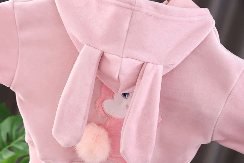 Baby Girls Warm Set Autumn Winter Lining Plush Thick Outfits Kids Cartoon Rabbit Ear Hoodie+Pants 2Pcs Children Casual Clothing.