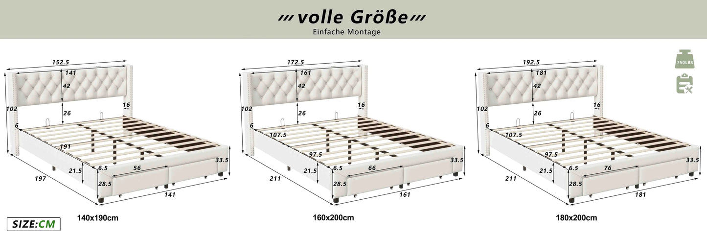 Lazyspace Samtpolsterbett, Doppelbett mit LED-Beleuchtung und USB, hydraulischer Bettrahmen mit Stauraum und 2 Schubladen