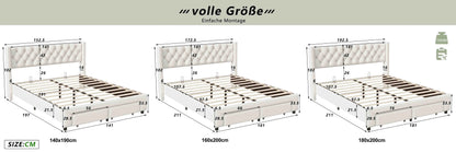 Lazyspace Samtpolsterbett, Doppelbett mit LED-Beleuchtung und USB, hydraulischer Bettrahmen mit Stauraum und 2 Schubladen