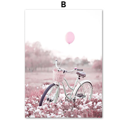 Pink Cherry Blossom Tulip Bicycle Flower Nordic Posters Ferris Wheel Wall Art Print Canvas Painting Living Room Home Decoration.