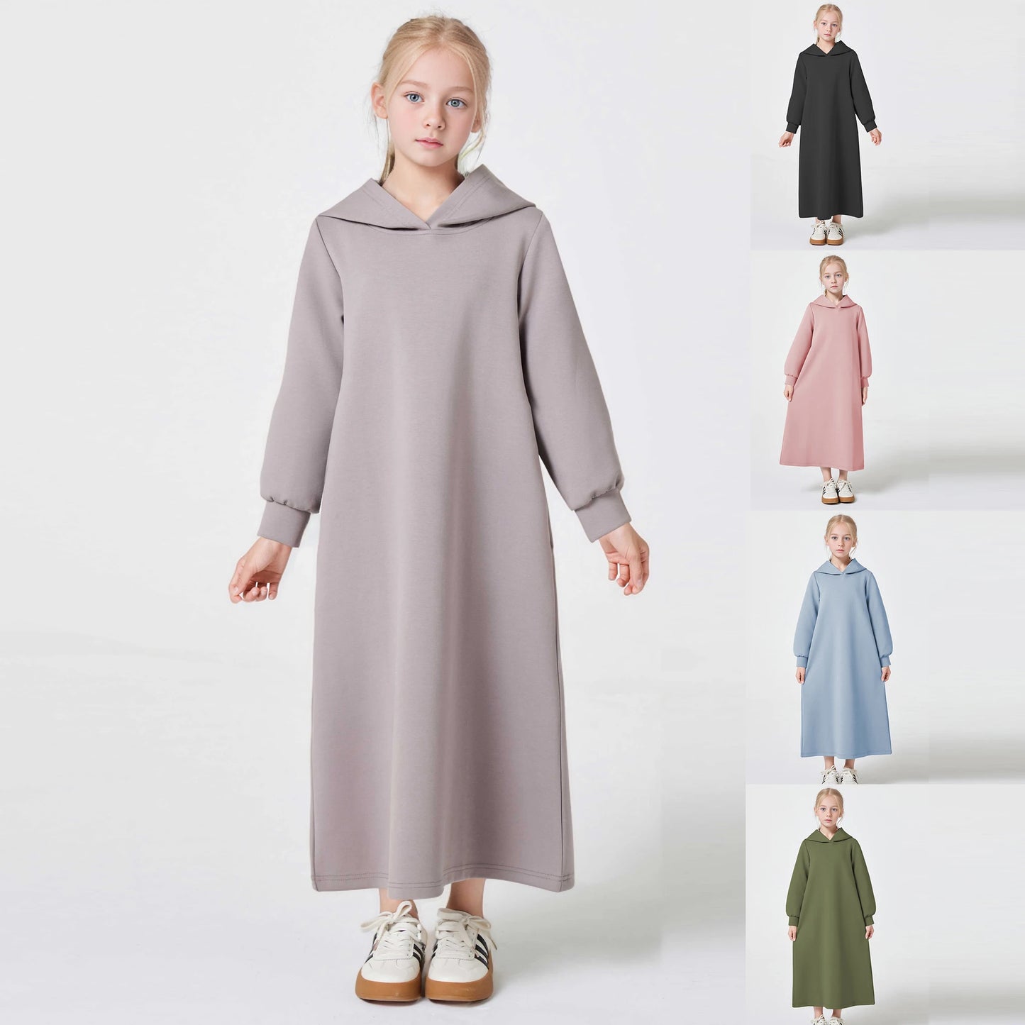 Ramadan kebaya Muslim Girls Abaya Middle East Autumn and winter solid color warm hoodie V-neck Hooded Loose Kids Kebaya Dress.