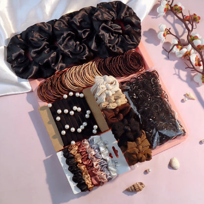 Fashionable Brown Hair Accessories Set for Women, Seamless Ponytail Holders Variety Hair Scrunchies For Women Lady.