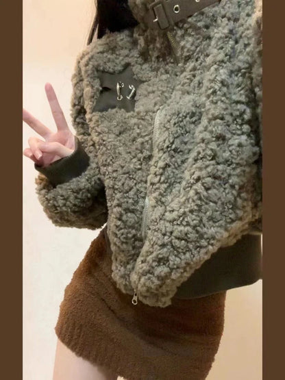 Winter Lamm Wolle Vintage Jacke Frauen Stehen Kragen Faul Wind Casual Zipper Mäntel Langarm 3D Dekoration Lose Geerntete Jacken.