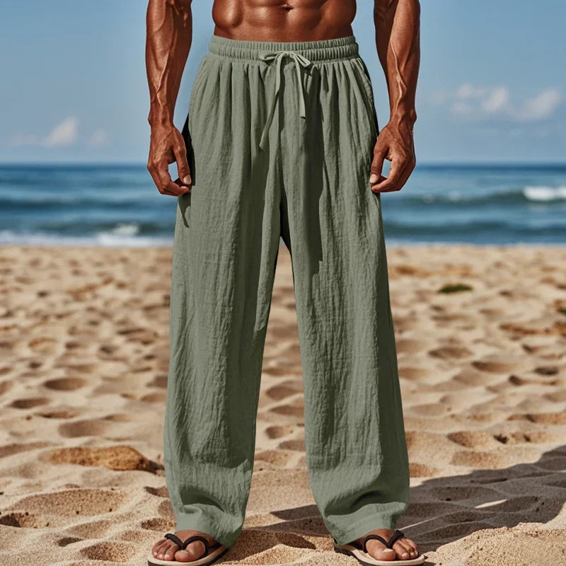 Men's Linen Casual Pants Elastic Waist Beach Pants Lightweight Drawstring Summer Yoga Pants Solid Color Beach Pants.