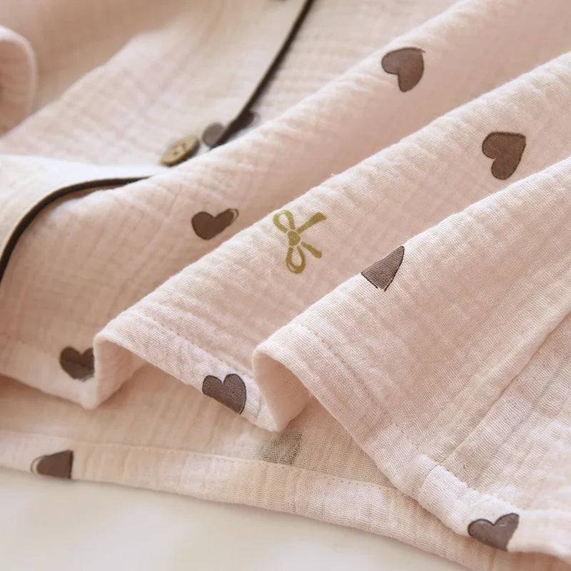 2025 neue Frühjahr/Sommer frauen Pyjama Set 100% Baumwolle Crepe Nette Liebe Langarm Lange Hosen Zwei Stück set Strickjacke Hause Kleidung.