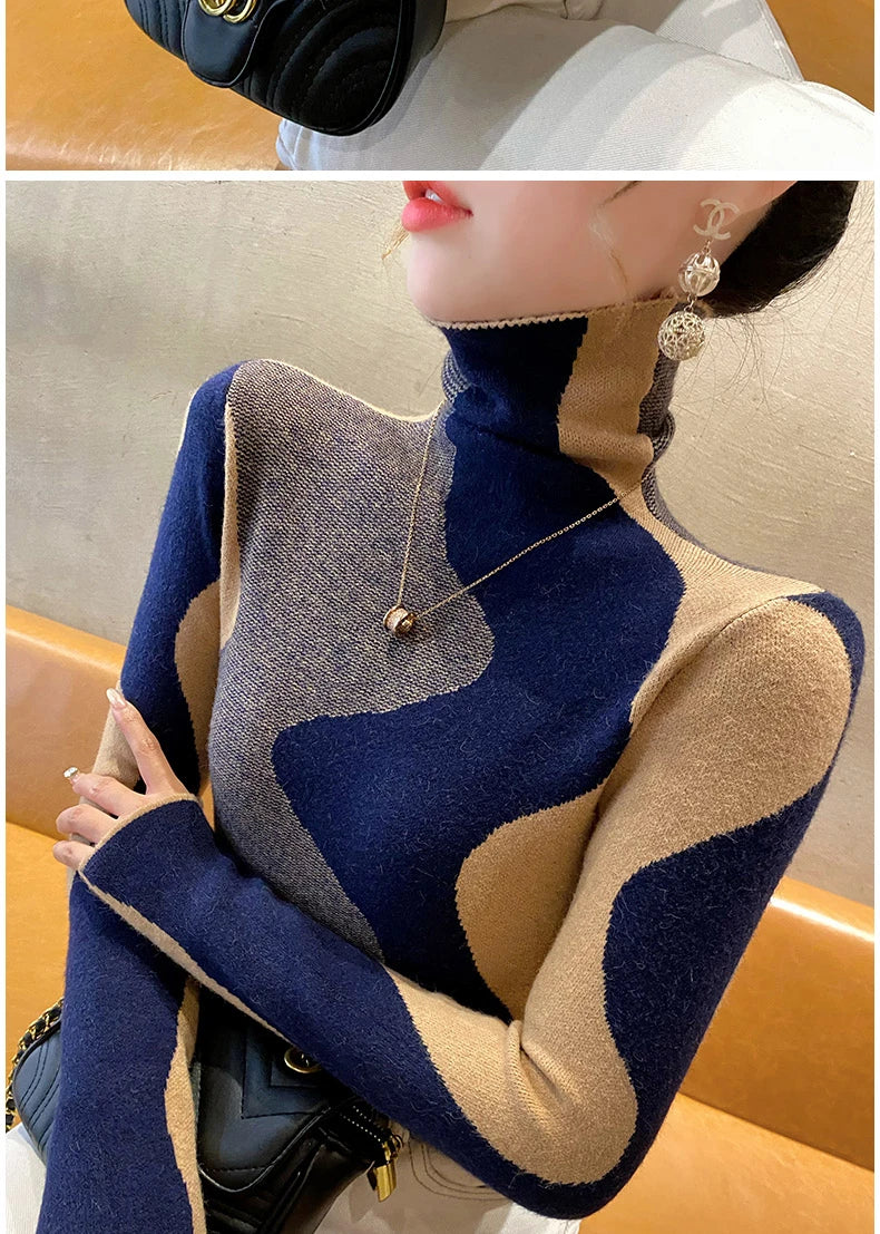 Women Clothing Vintage Fashion Slim Turtleneck Sweaters Autumn Winter Elegant Chic Patchwork Knit Pullovers Office Lady Tops.