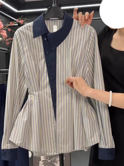 Temperament waist cinching slimming blue striped shirt spring 2025 new fat MM fashion contrasting long sleeved shirt.
