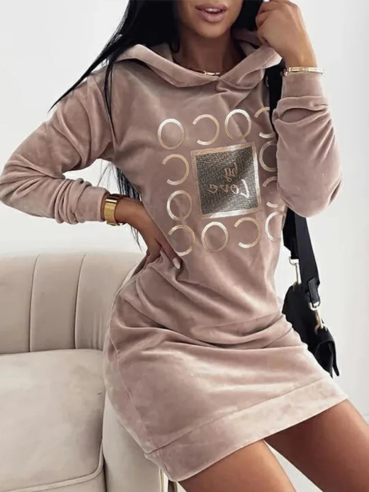 Women Long Sweater Dresses LOVE Print Hooded Loose High Collar Sweatshirts Long Sleeve Pullover Fall Winter Y2K Street Style Top.