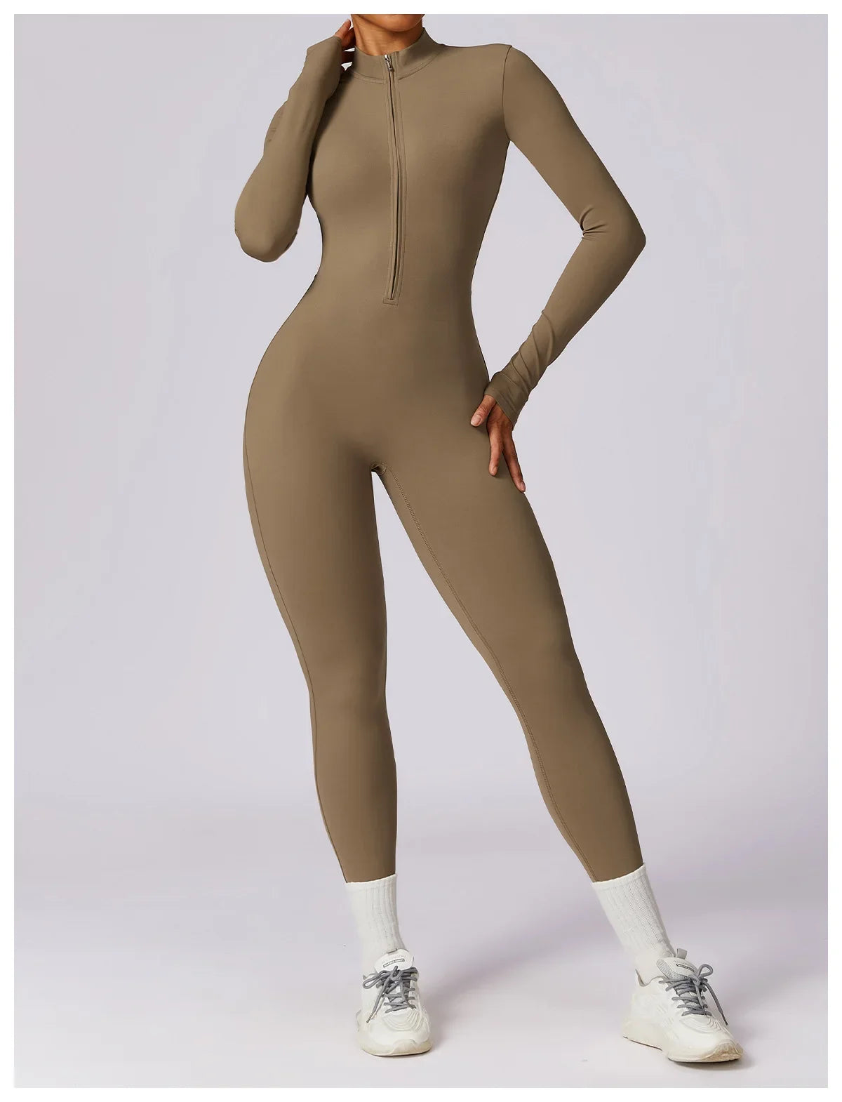 Zipper Sensation Long Sleeve Yoga Suit High Intensity Fitness Sports Bodysuit Tight Fit Clothing 8306 One Piece Suit.