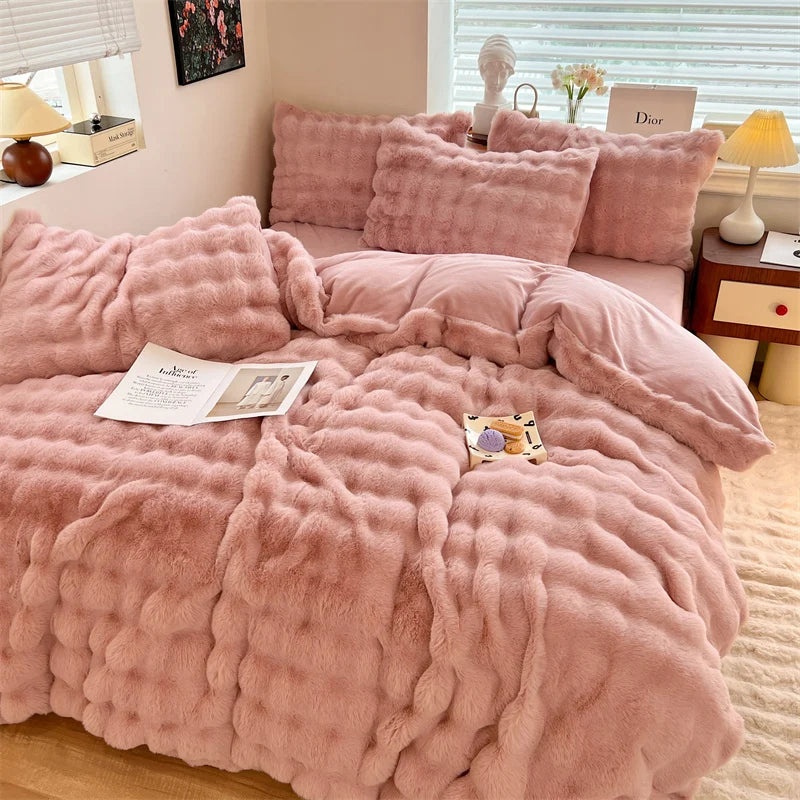 Luxury Faux Rabbit Fur Velvet Fleece Plush Soft Warm Bedding Set Super Comfortable Duvet Cover Set Blanket Bed Sheet Pillowcases.