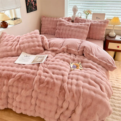 Luxury Faux Rabbit Fur Velvet Fleece Plush Soft Warm Bedding Set Super Comfortable Duvet Cover Set Blanket Bed Sheet Pillowcases.