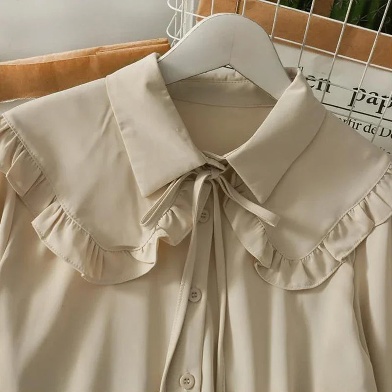 Spring Vintage Women Chiffon Shirts Korean Fashion Lace Up Loose Blouses Y2K Elegant Office Ladies Long Sleeve Outwear Tops New.