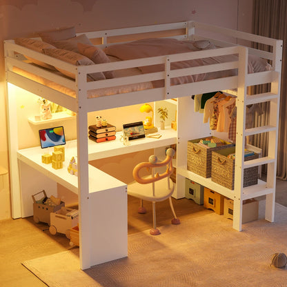 Modernes Kinder-Hochbett 140 x 200 mit Multifunktionsregalen, Unterbett-Schreibtisch, LED-Licht und USB, Kleiderschrank mit Stauraum, für Schlafzimmer