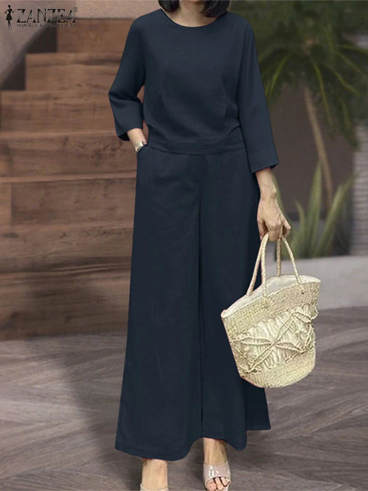 ZANZEA 2025 Women Autumn Matching Sets Solid Outfits Vintage Casual O Neck Long Sleeve Tops Pant Sets Fashion OL Work Tracksuit.