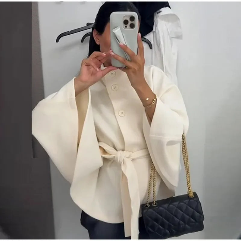 Damenmantel, kurze Cape-Mäntel für Damen, Gürtel, Mäntel aus Kunstwolle und Mischungen, Herbst-Winter, feste Mäntel, elegante Umhangjacke für Damen.