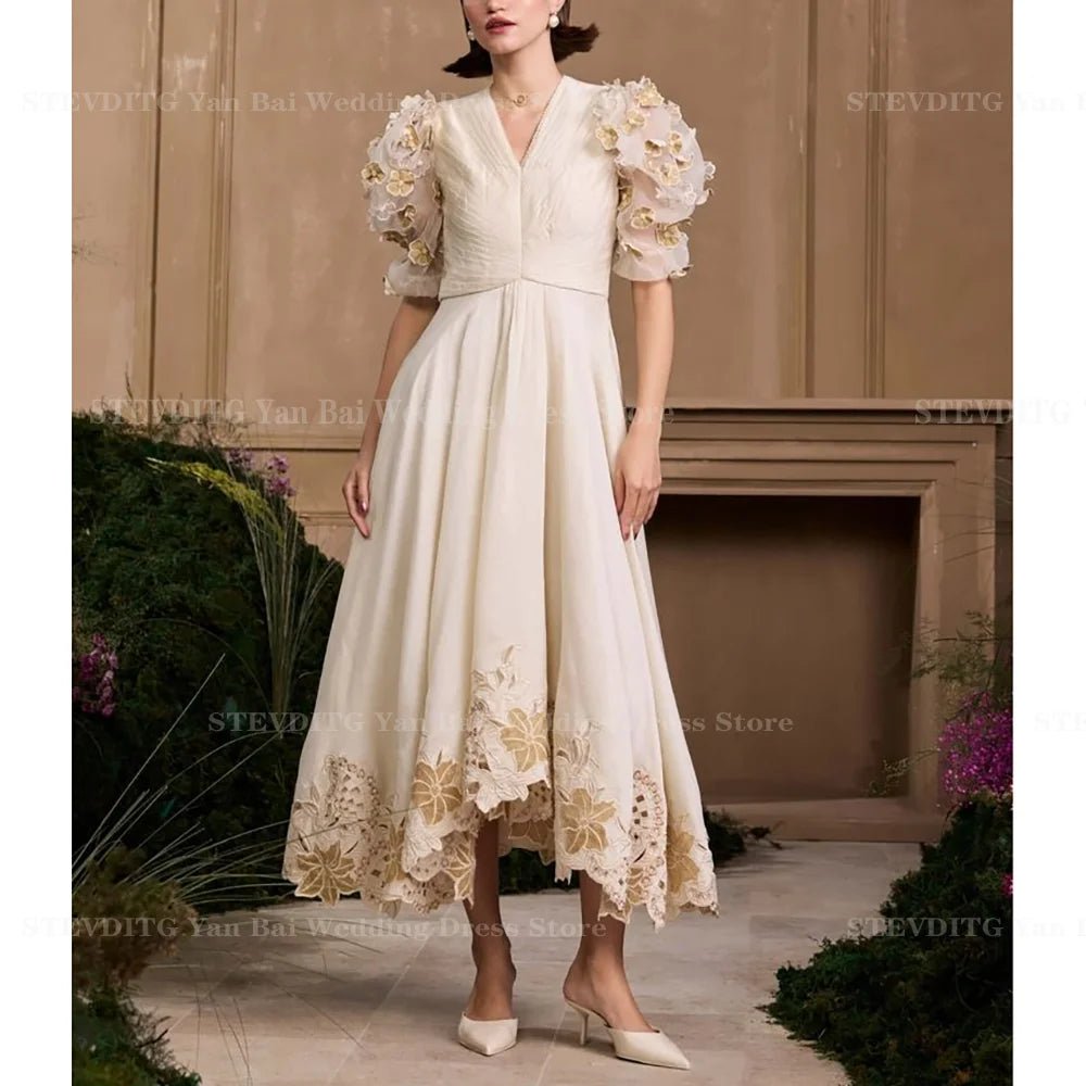 Klassisches Ballkleid mit V-Ausschnitt und halben Ärmeln, modische Applikationen, Tee-Länge, A-Linien-Kleid, Cocktailparty, Stern, roter Teppich, Damenkleid.