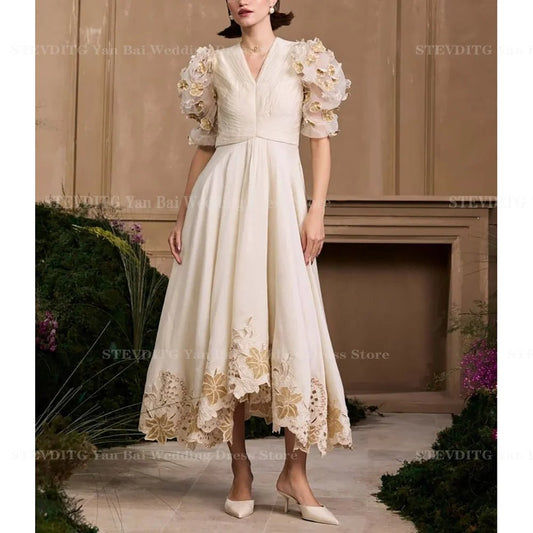Klassisches Ballkleid mit V-Ausschnitt und halben Ärmeln, modische Applikationen, Tee-Länge, A-Linien-Kleid, Cocktailparty, Stern, roter Teppich, Damenkleid.