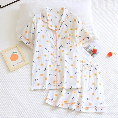 Japanische einfache kurze Pyjamas Frauen 100 % Baumwolle kurze Ärmel Damen Pyjama Sets Shorts süße Cartoon Nachtwäsche Frauen Homewear