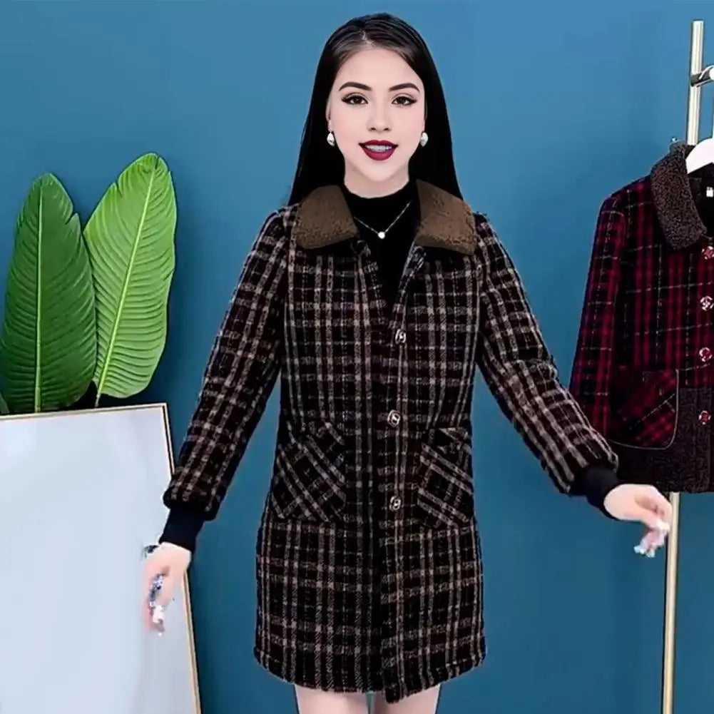 Frauen Plaid Mantel Karierten Winter Mutter Jacke Taschen drehen-unten Kragen einreiher Mid Länge Mantel Mid-aged frauen Mantel.