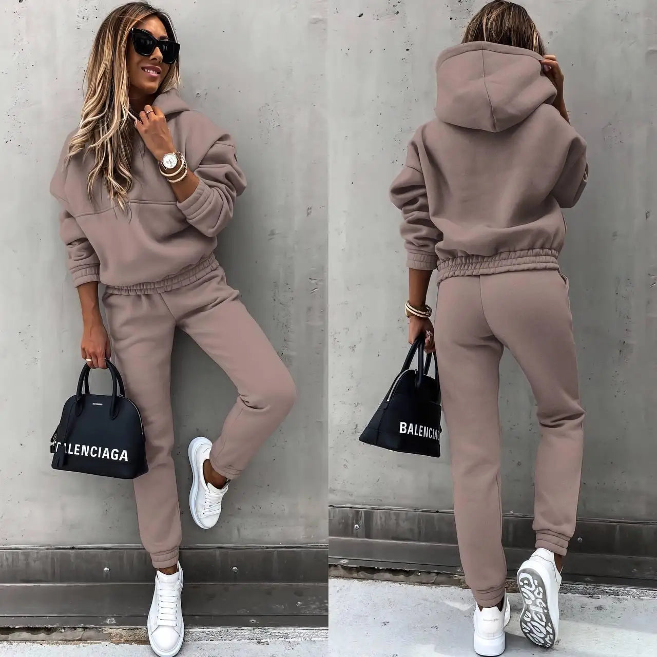 Autumn Winter New Solid Color Long Sleeve Hoodie Women's Casual Suit Fashion Loose Sports Hoodie + Small Foot Pants 2 Piece Set.