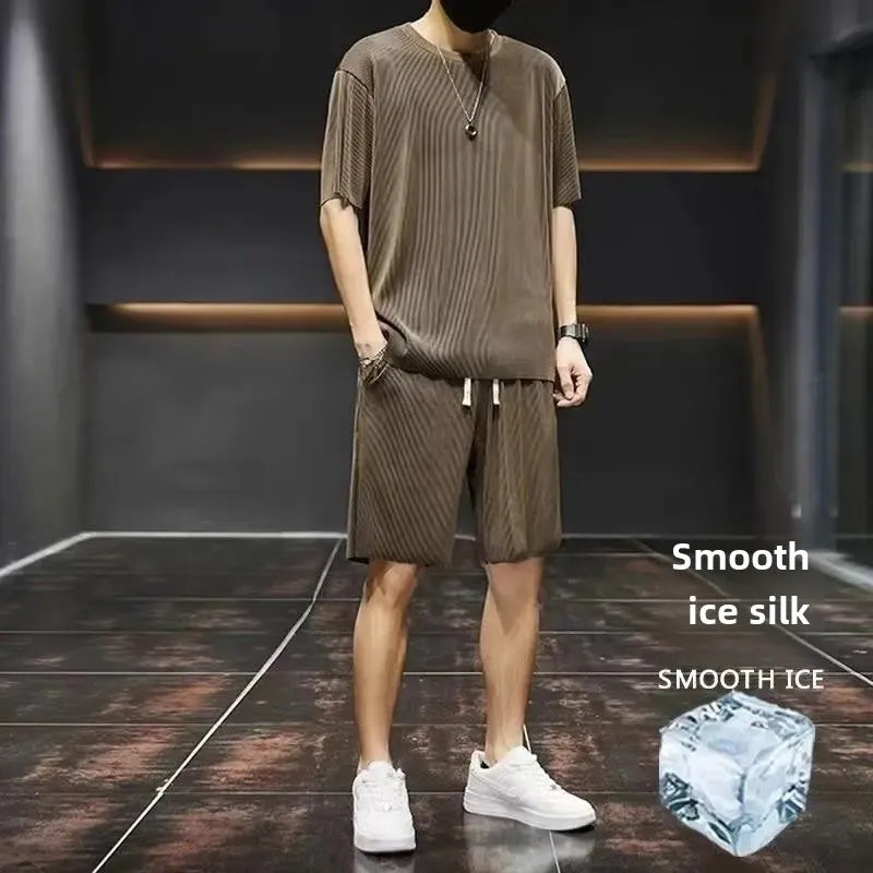 High-End Ice Silk Men's Sports Suit Casual Home Use Long Pants Short Sleeves Quick Drying Top Set Summer Collection.