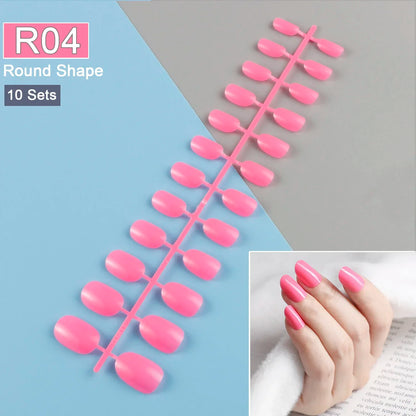 10 Sets/Pack Mixed Solid Colors Coffin Round Square Almond Shape False Nails Full Cover Nail Tips Short Fake Nails Tip Manicure