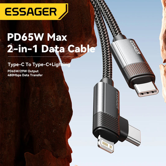 Essager 2-in-1 Right Angle Cable PD 65W 29W Fast Charging Elbow Data Cable For iPhone 15 14 13 MacBook Lenovo Asus Dell iPad Pro.