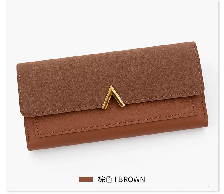 New Korean version women's wallet long V-shaped buckle three fold wallet for women, hand-held bag, change card bag.