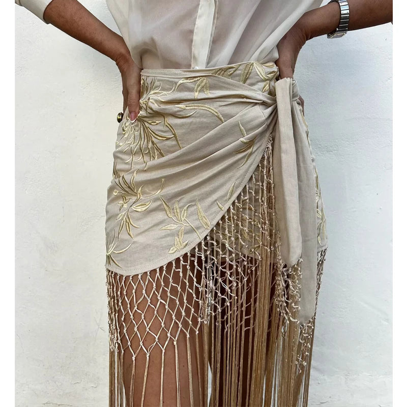 MUJER Embroidery Lace Long Skirt Woman High Waist Midi Skirts for Women Summer Beach Skirt Woman Tassel Women's Skirts Cylinder.
