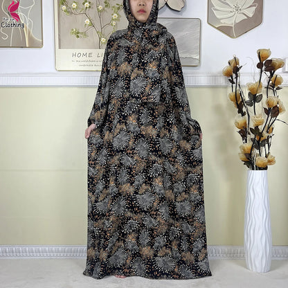 2025 New Muslim Abayas For Women Ramadan Prayer Garment Dubai Middle East Femme Robe Cotton Loose African Dress Turban Attached
