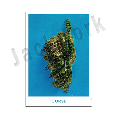 Corsica topographic map print, Corsica cities, France Corsica map print, road map art poster modern wall art decor.