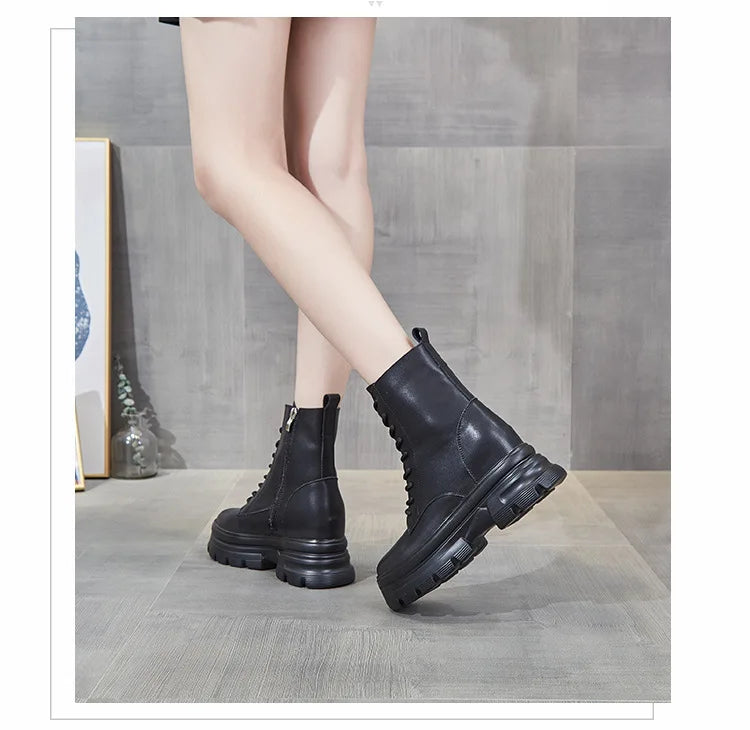 WOIZGIC Women Female Ladies Mother Genuine Leather Ankle Boots Shes Warm Autumn Winter Plush Zipper Motorcycle British Increase.