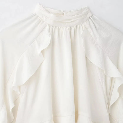 Women's Long Sleeve Ruffled Blouse Stand Collar Chic Fashion Top Elegant Female Shirt.